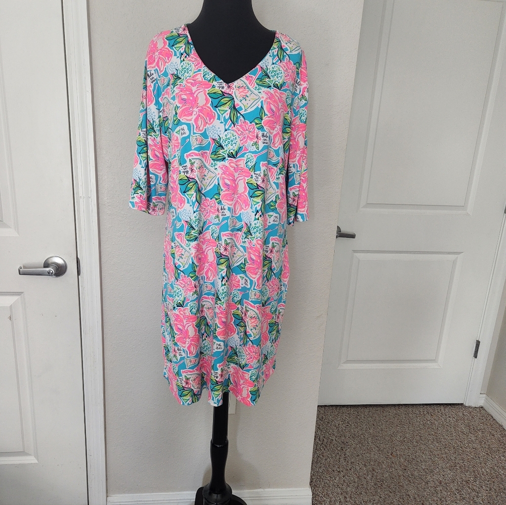 Lulu-B Floral V-Neck Dress - Pink and Blue - Picture 3 of 9